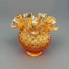 Vintage Fenton Amber Hobnail Glass Vase- Ruffled Crimped Rim- Small Pedestal
