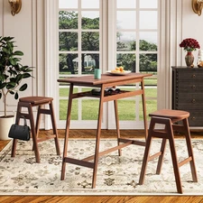 3PCS Pub Dining Set Retro Bar Table Rubber Wood Stackable Backless High Stool