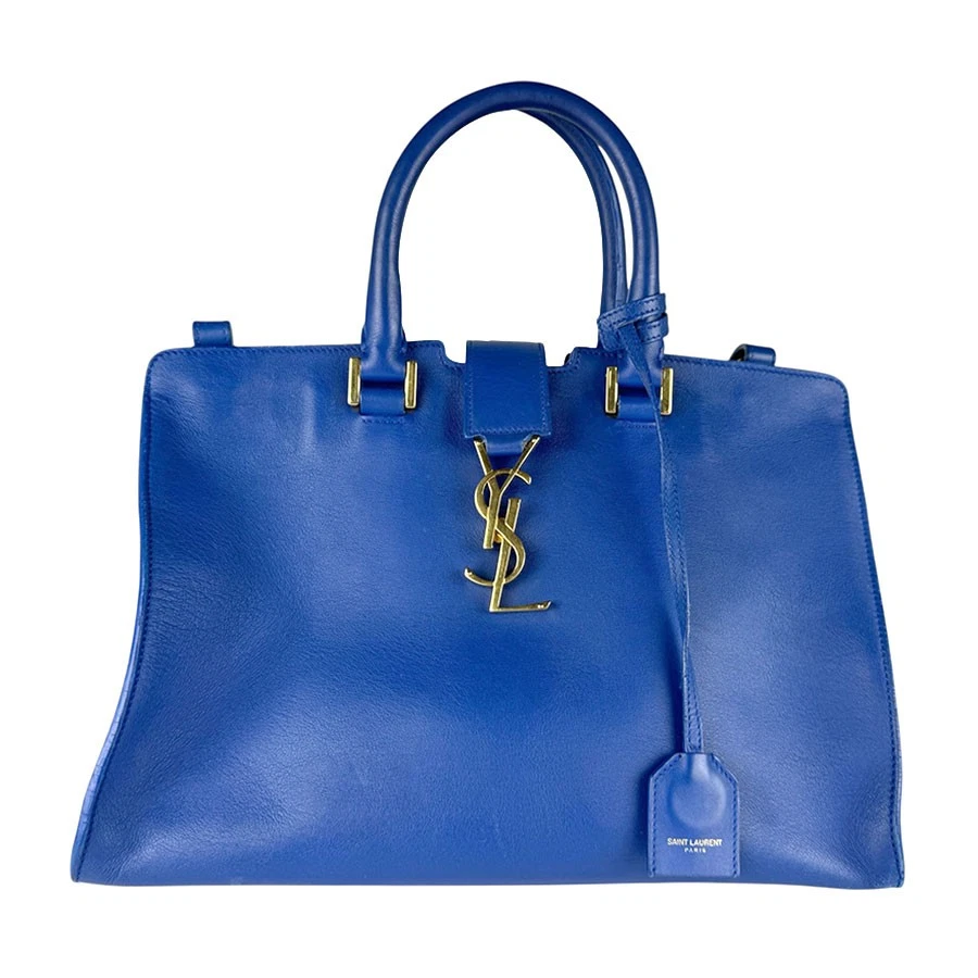 Saint Laurent — Auth SAINT LAURENT Baby Cabas Handbag Shoulder Bag Blue Leather/Goldtone - z8847