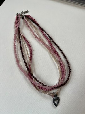 Multistrand Pink Iridescent White & Brown Glass & Plastic Bead w Small Open Hear