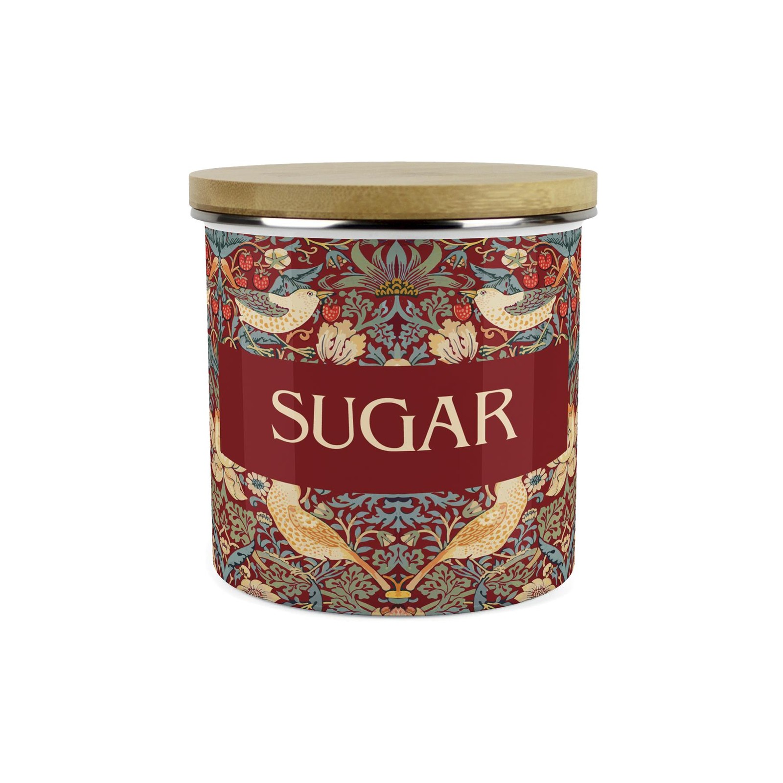 Red Strawberry Thief Sugar Storage Canister - Enamel & Bamboo Kitchen Container
