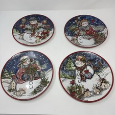 Susan Winget Snow Friends Set of Four 4 Dessert Plates Snowmen/women