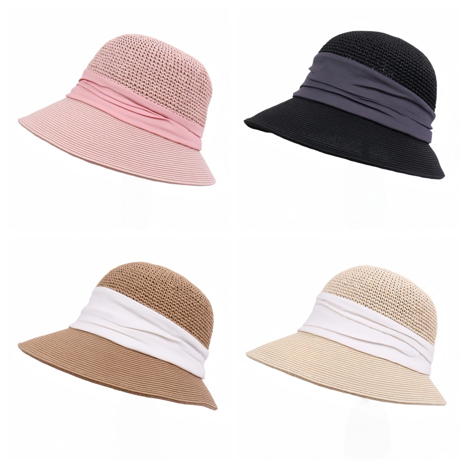 Women's Straw Bucket Hat Protection Wide Brim Satin Band Summer Vacation Sun Cap