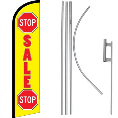 Sale Stop Yellow & Red Windless Banner Flag & 16' Flagpole Kit /Ground