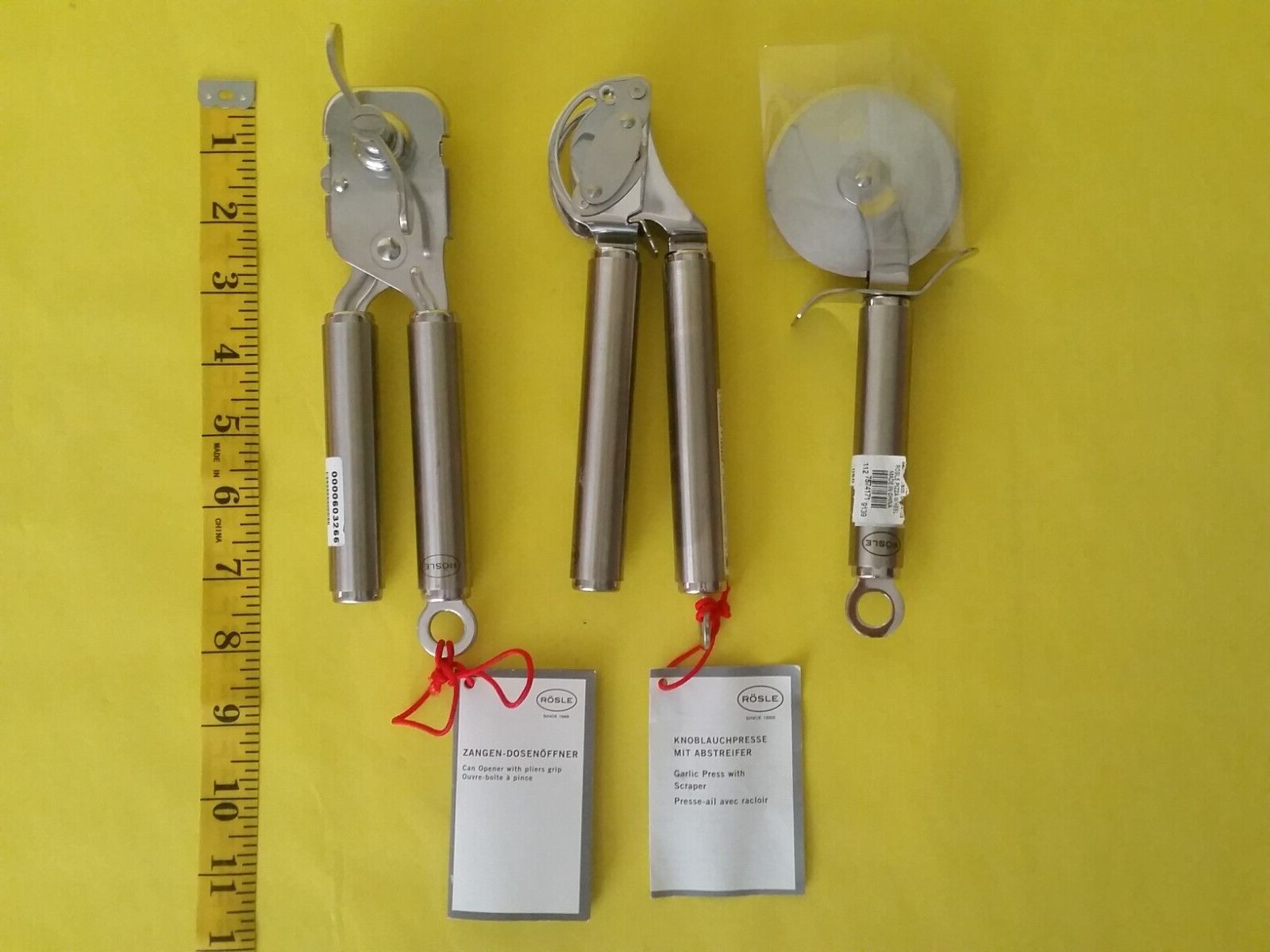NWT) ROSLE Stainless CAN OPENER GARLIC GINGER PRESS PIZZA WHEEL Utensils tools-image
