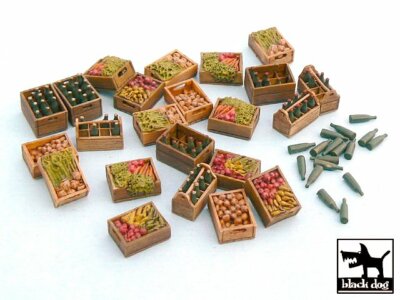 Black Dog 1/48 Food Supplies #2 Wooden Vegetable Crates, Bottles, Holders T48011