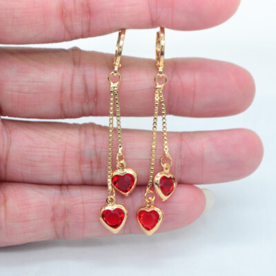 18K Yellow Gold Filled Women Fashion Red Mystic Topaz Heart Tassel Earrings