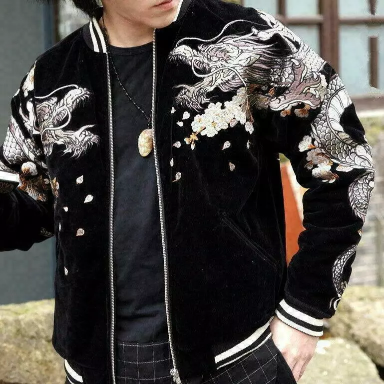 Mens bomber Souvenir Jacket Japanese Pattern Embroidery Sukajan