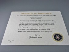 Certificate of Appreciation President George W. Bush Replacement certificate