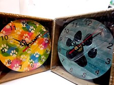 Wall Clock Cat Dog Paw Print on Wood Silent Non Ticking AA Battery 12x12 cm