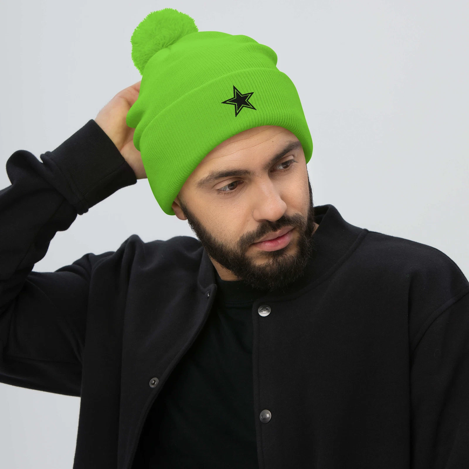 American Star Black Embroidered Pom-Pom Beanie