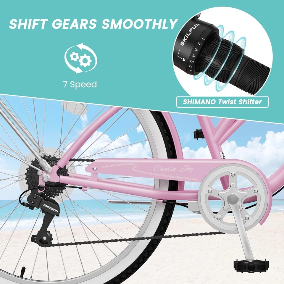 H&ZT 24/26 Inch Beach Cruiser Bike 7 Speed City Bike Commuter Bicycle Men Women - Image 4 of 4