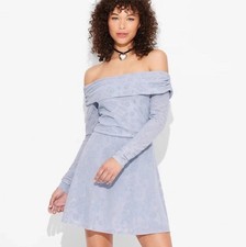 Wild Fable Dress Women's S Blue Mini Fit  Flare Long Sleeve Flocked Floral New