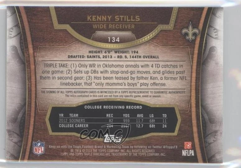 2013 Topps Triple Threads Relics Emerald /50 Kenny Stills #134 Rookie Auto RC - Image 2 of 2