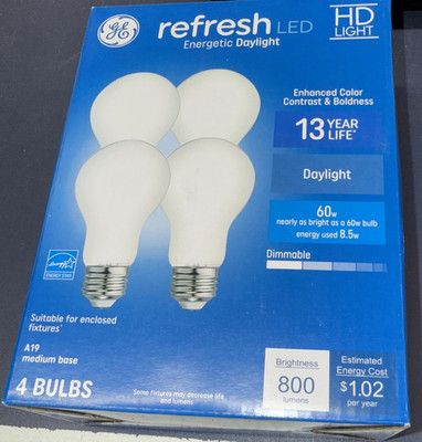 GE Refresh LED HD DAYLIGHT Dimmable Bulbs 4-Pack  800 Lumens 8.5W = 60W  A19