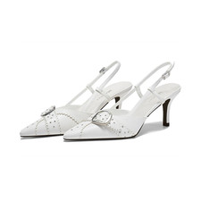 White Slingback Pointed Toe Studded Buckle Stiletto Heels