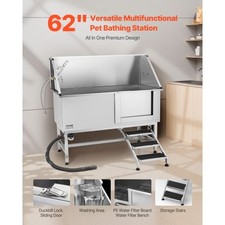 VEVOR Stainless Steel Dog Washing Station, 62 inch Pet Grooming Tub w/ Stairs, P