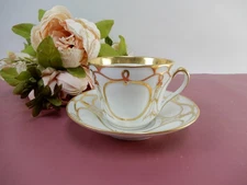 Vintage White Ceramic Cup & Saucer With Gold Scrolls~ Unbranded