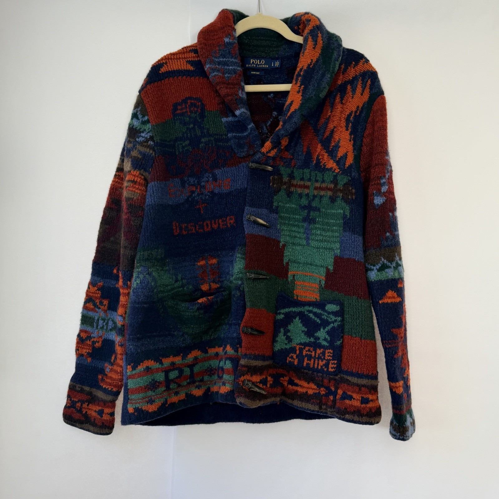 Polo Ralph Lauren Men's L Handknit Cardigan The Iconic Patchwork Wool RARE VTG image 4