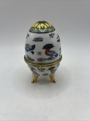 Vintage Porcelain, 3 Footed, Hinged Egg Trinket Box with Birds and Floral Design