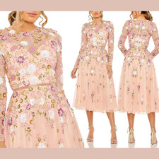 NWT Mac Duggal [ 4 ] 5716 Sequined Floral Long Sleeve High Neck Midi Dress S1911