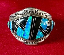 Unique Southwest Design Sterling Silver Ring w Onyx Lab Opal Inlay, Size 9.5