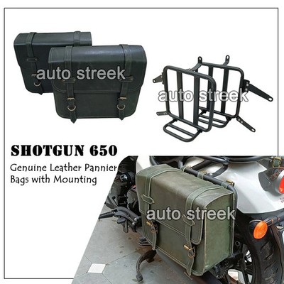 For Royal Enfield ''SHOTGUN 650'' Dark Green Leather Pannier Bags with Mounting