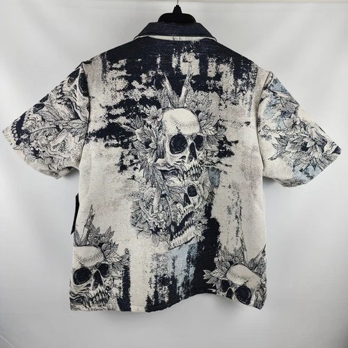 Rebel Vengeance Jacket Mens XL Multi Skull Tapestry S/S Button Up Halloween NWT image 2