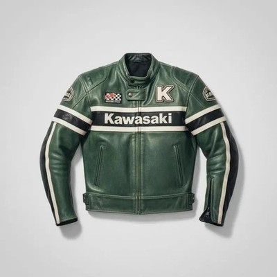 New Kawasaki Classic Motorbike Cowhide Leather Jacket Retro Cafe Racer 