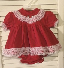 Vintage Baby Girl Sears 2 Pc Red Velvet Dress W/ Diaper Cover Size Small