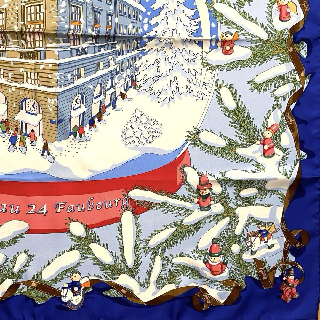 HERMES スカーフ カレ90 Noël au 24 Faubourg Hermes Scarf Noel au 24 Faubourg 90 cm silk blue Carre Christmas