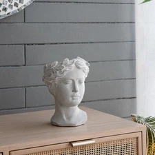 1x Cement Head Planter, Gray Indoor Outdoor Home Garden Decor Greek Style Dia 6"