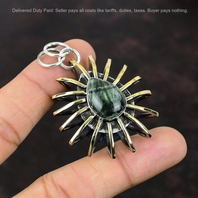 Pear Natural Seraphinite 925 Silver Handmade Bezel Cage Sister Elegant Pendant