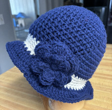 NAVY Blue FALL Winter CLOCHE BEANIE CAP FLAPPER HAT HAND CROCHET new