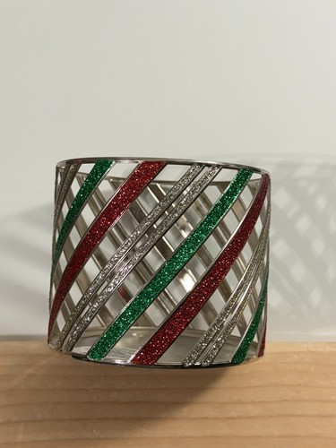Bath & Body Works Christmas 3 Wick Candle Holder Glitter Stripes Holiday Silver