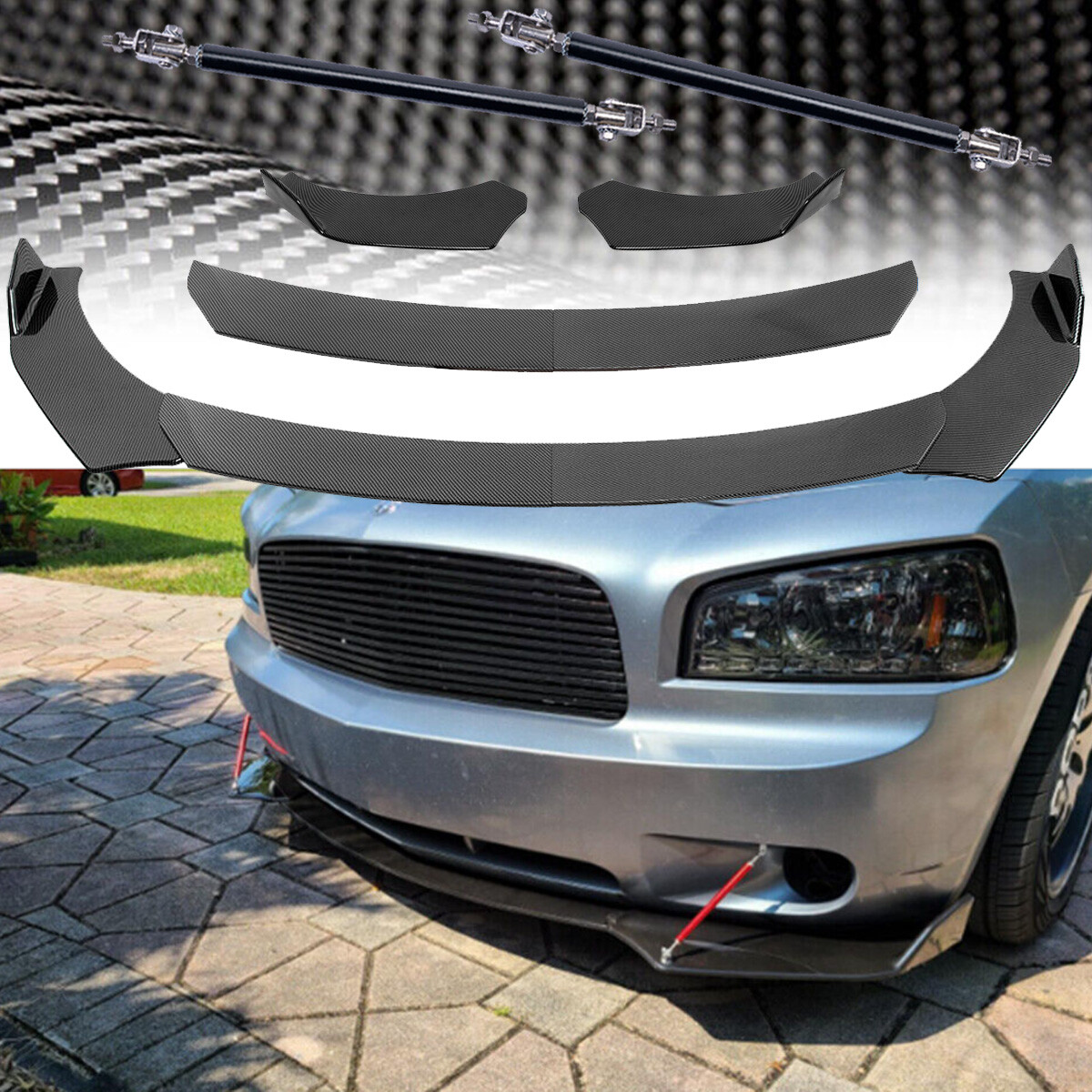 Volvo 60 90 Series Carbon Fiber Front Bumper Lip Splitter Spoiler with Strut Rods