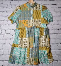 Blue Marigold Yellow Picnic Pattern Mixed Print Puff Sleeve High Collar Dress