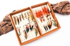 FOX BOX FLY BOX (BROWN) WITH A SELECTION OF VERY GOOD QUALITY FLIES