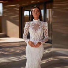 Bleaded Mermaid Wedding Dress High Neck Long Lace Appliques Sleeves Bridal Gowns