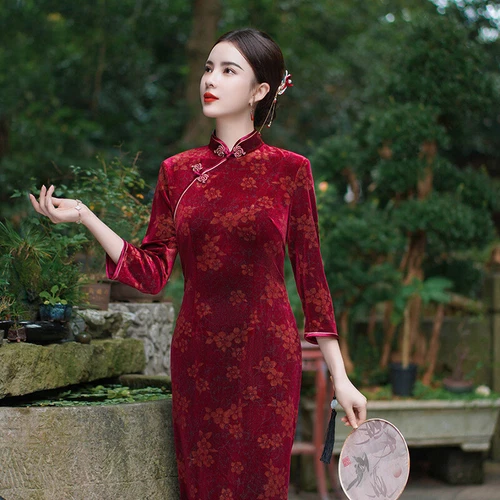 Mujeres Otoño Invierno Terciopelo Qipao Vestido Chino Largo Cheongsam Noche Fiesta Vestido - Imagen 10 de 17