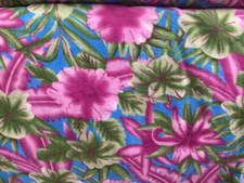 tropical Hawaii pink flower green leaves on blue fleece fabric 60" w, sold BTY