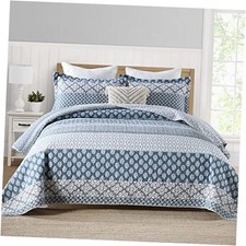 Blue Floral Quilt King Size, 100 Cotton Ultra King 98"x106" Blue Striped