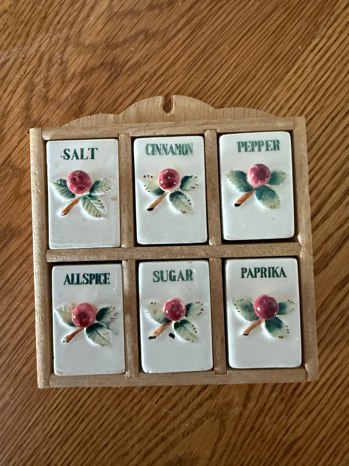 Vintage Japan Ceramic Spice 7 pc. Set Wood Wall Shelf 1950's Kitchen 3D Decor