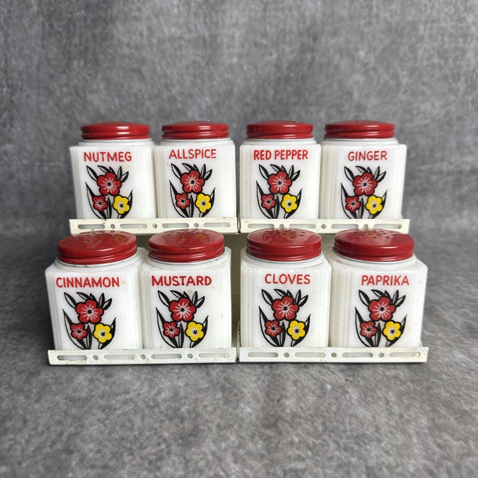 Set 8 Vintage 1930s McKee Tipp City Milk Glass Floral Spice Jars Original Rack