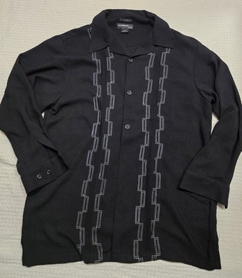 Syllables Men's Black Long-sleeve Button-up White Embroidered Pane Shirt - Sz XL