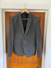 Jack & Jones Premium Tweed Blazer Jacket Size 40 Slim Charcoal Chore Patches