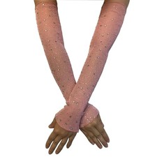 Women's Long Fingerless Sheer Gloves Rhinestone Formal Detachable Mesh Arm Pink