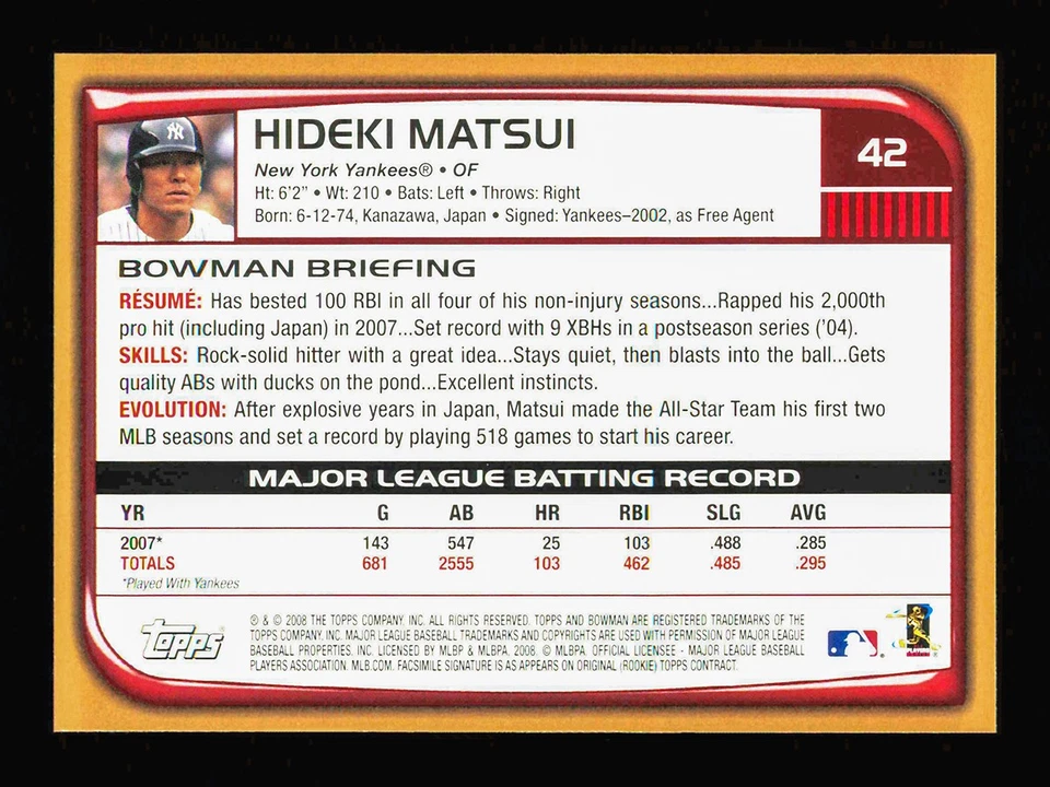 2008 Bowman #42 Hideki Matsui Gold New York Yankees - Image 2 of 2