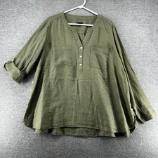 Talbots Tunic Top Women Size 3Xp Olive Green 100% Linen Casual Roll Tab