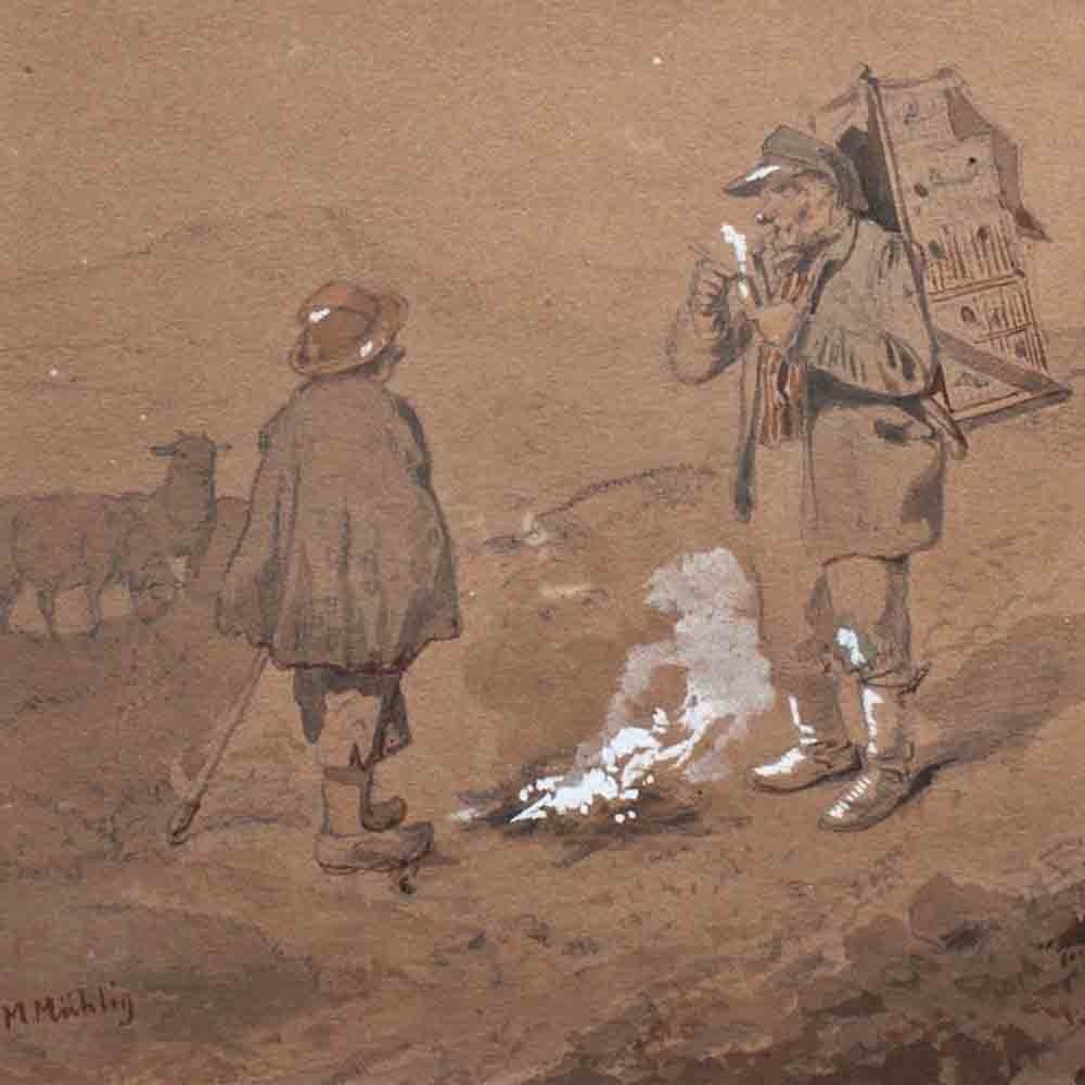 Meno Mühlig romance tardío pintura de género pastor caminante firmado acuarela dibujo